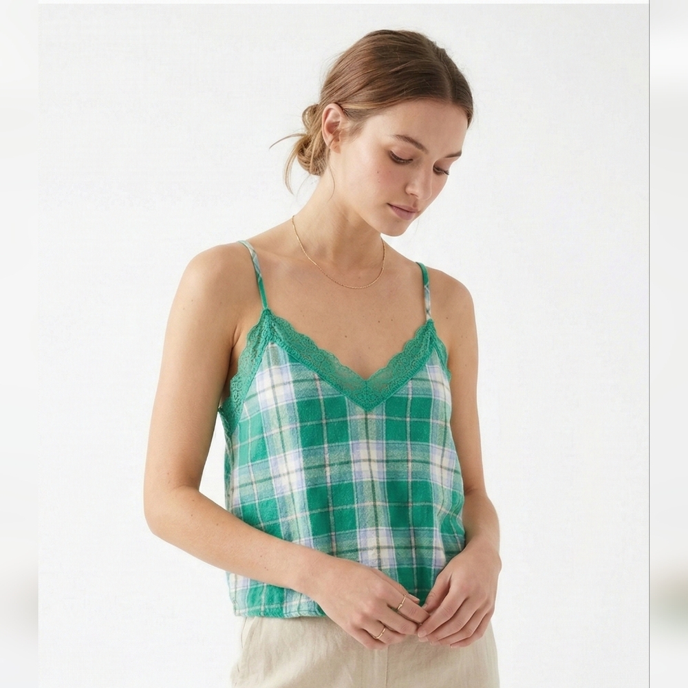 Colsie Green Lavender Plaid Lounge Tank Flannel Lace Boho Festival L